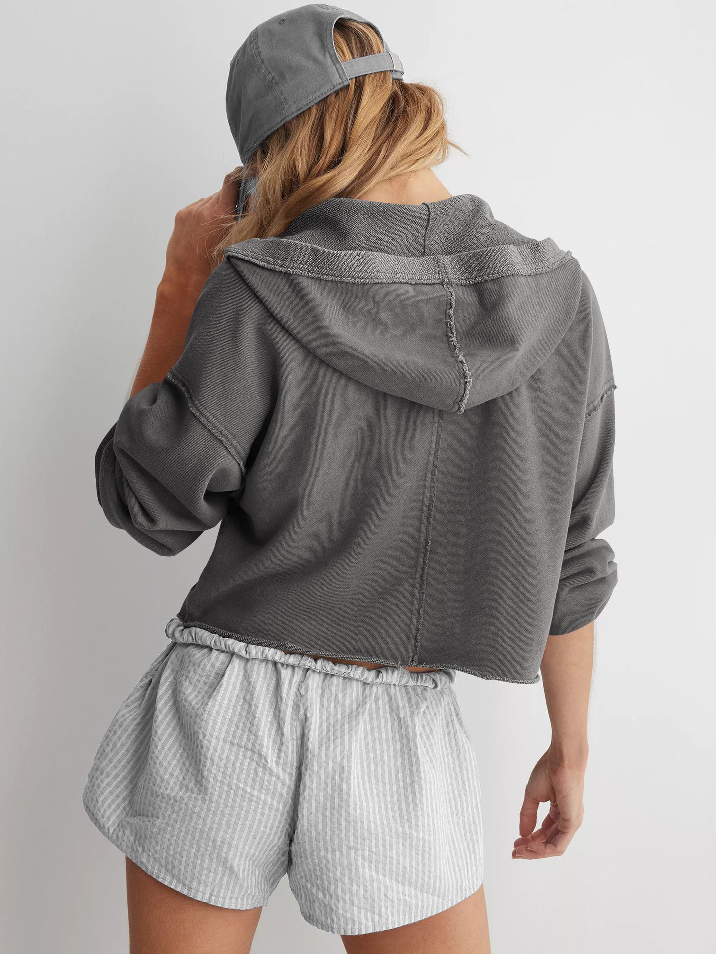 Hooded Half-Open Collar Solid Color Loose Sweatshirt