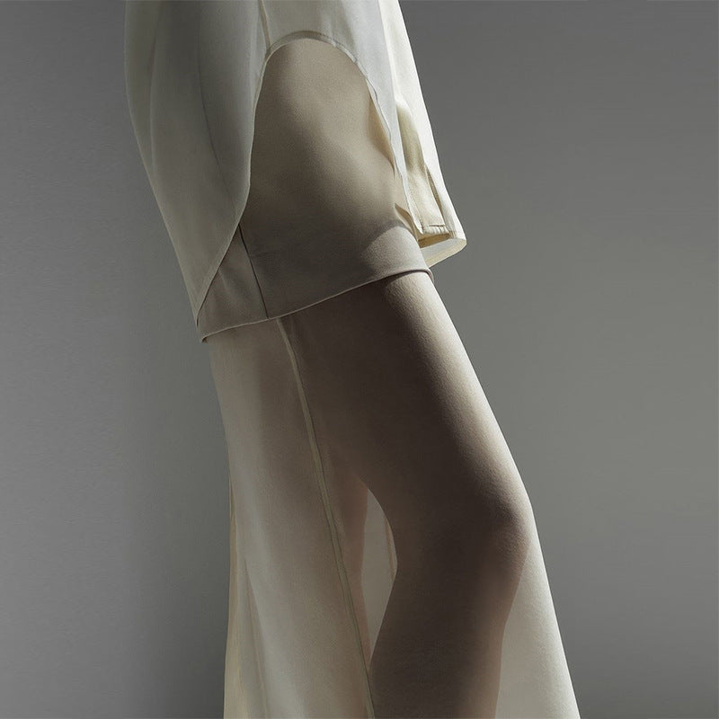 Mercerized mesh lapel long-sleeved shirt high waist stitching skirt two-piece suit