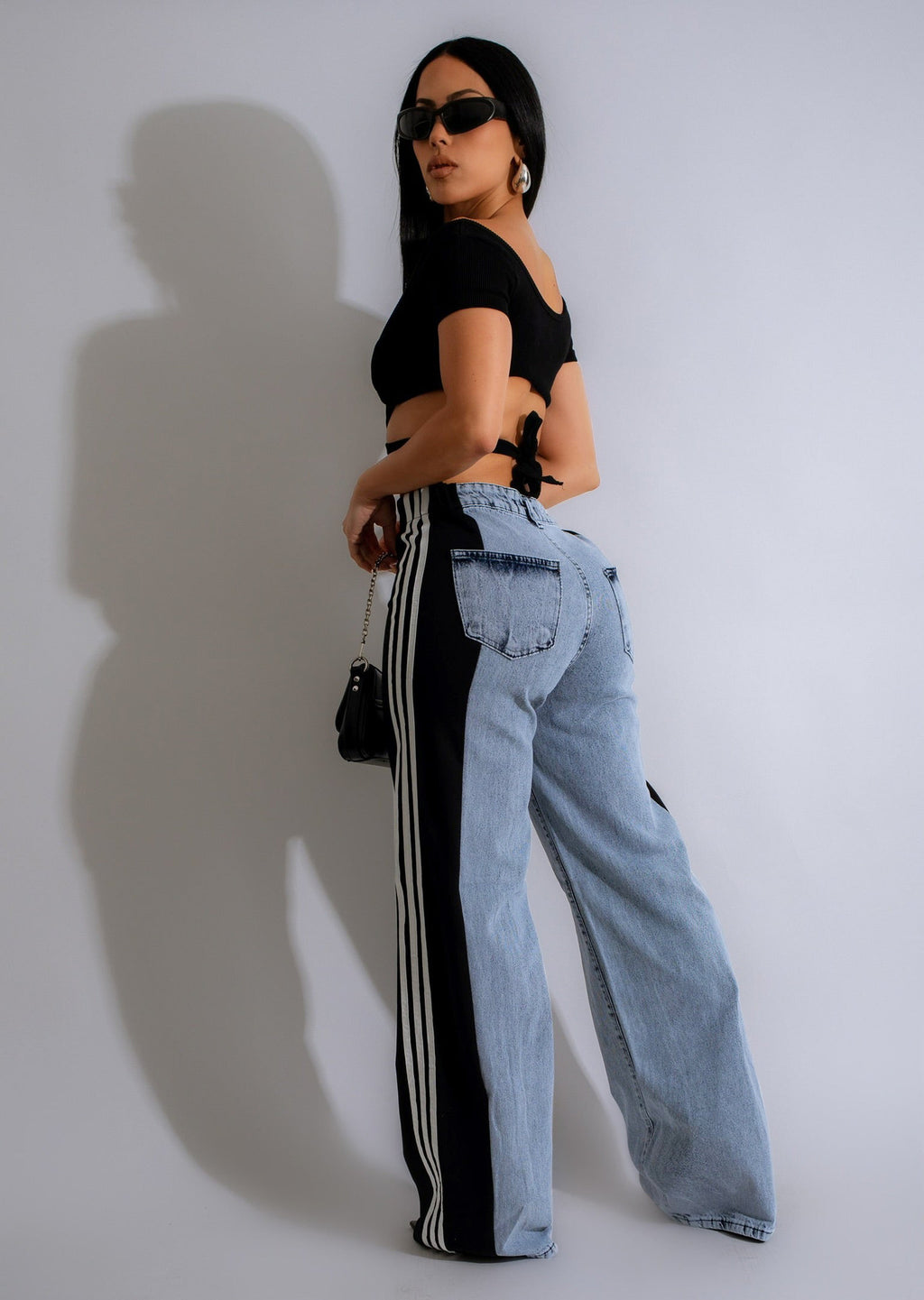 Three-striped wide-leg denim trousers Casual high-waist stretch straight trousers