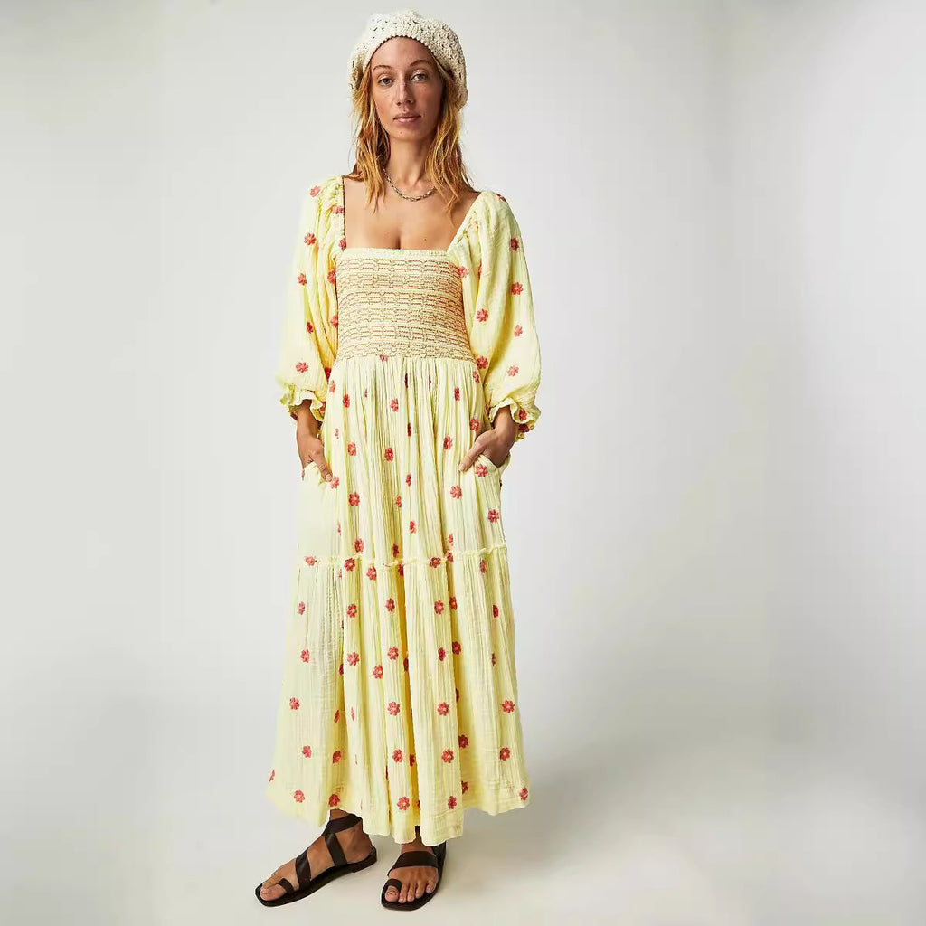 Trumpet sleeve embroidered square neck sunflower swing dress