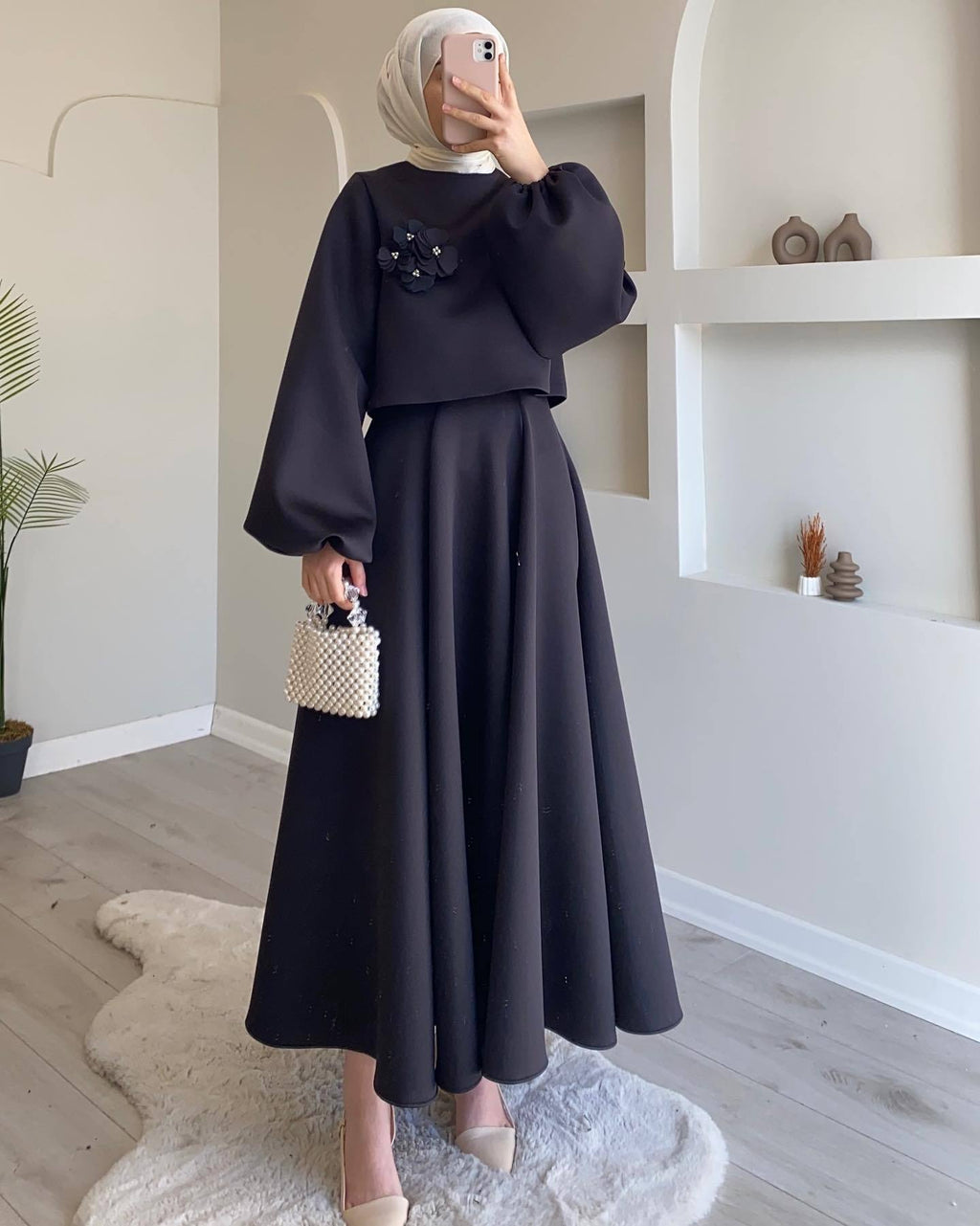 Flower Lantern Sleeve Loose Dress Women's Skirt Suit Two-piece Set