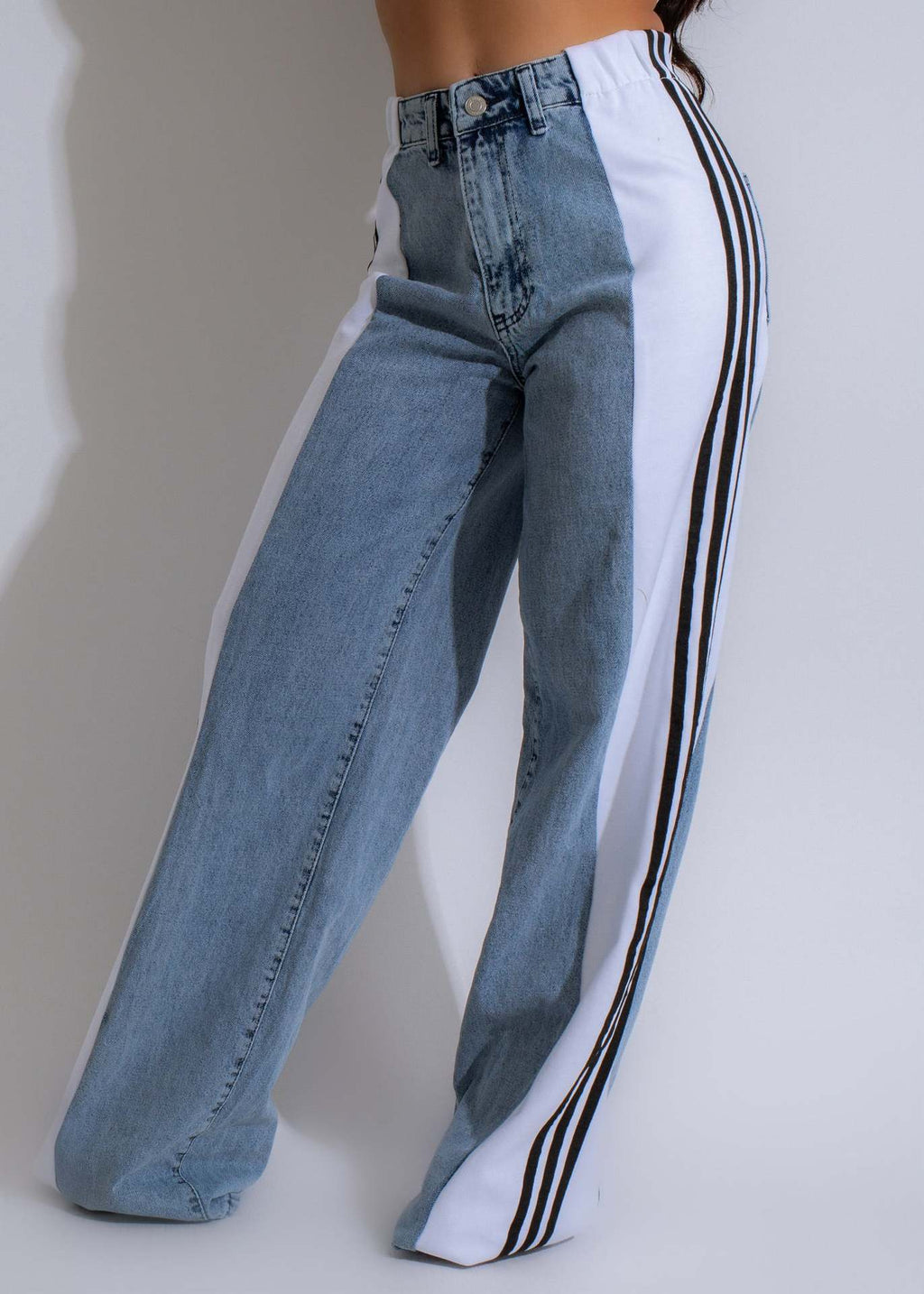 Three-striped wide-leg denim trousers Casual high-waist stretch straight trousers
