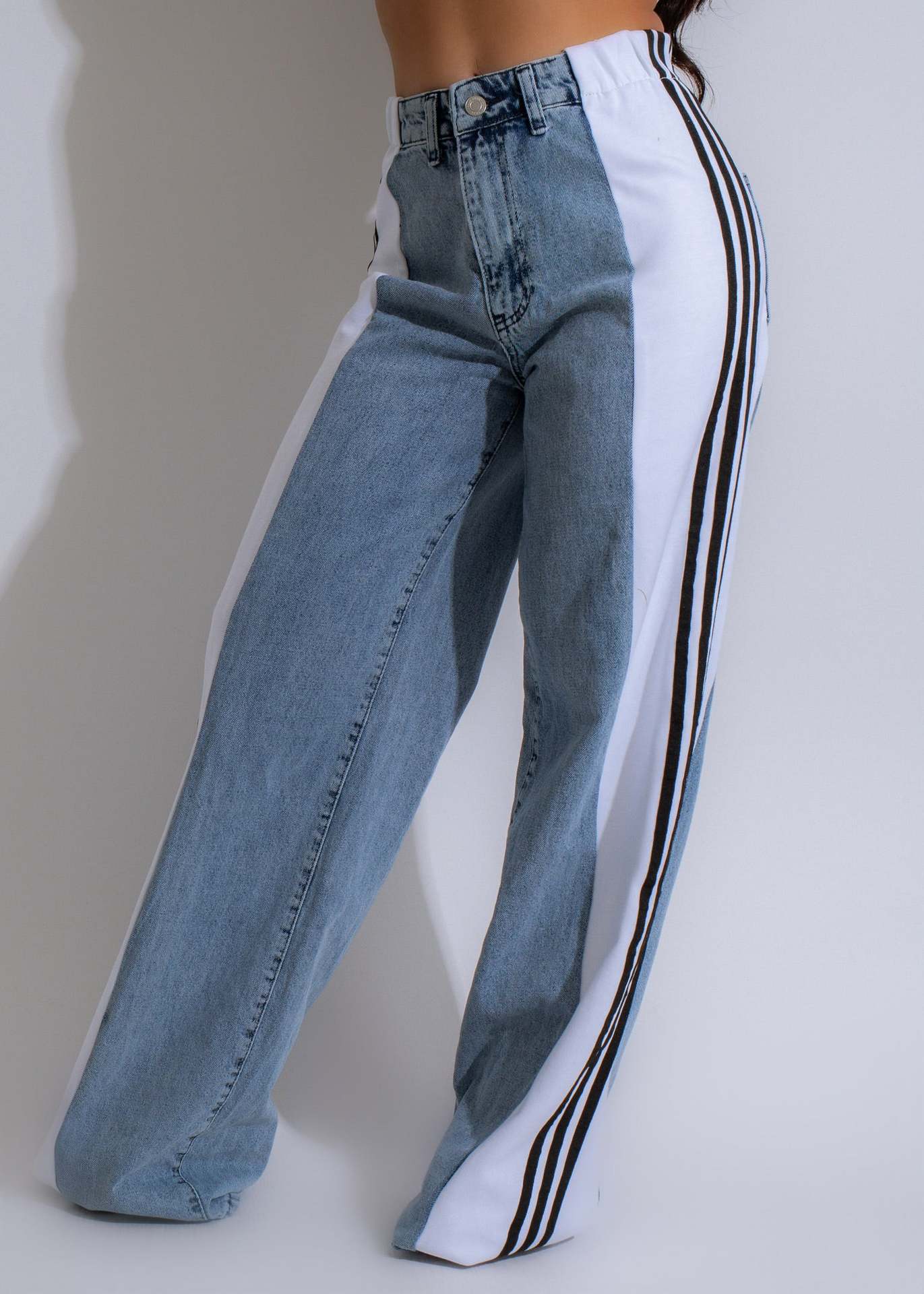 Three-striped wide-leg denim trousers Casual high-waist stretch straight trousers