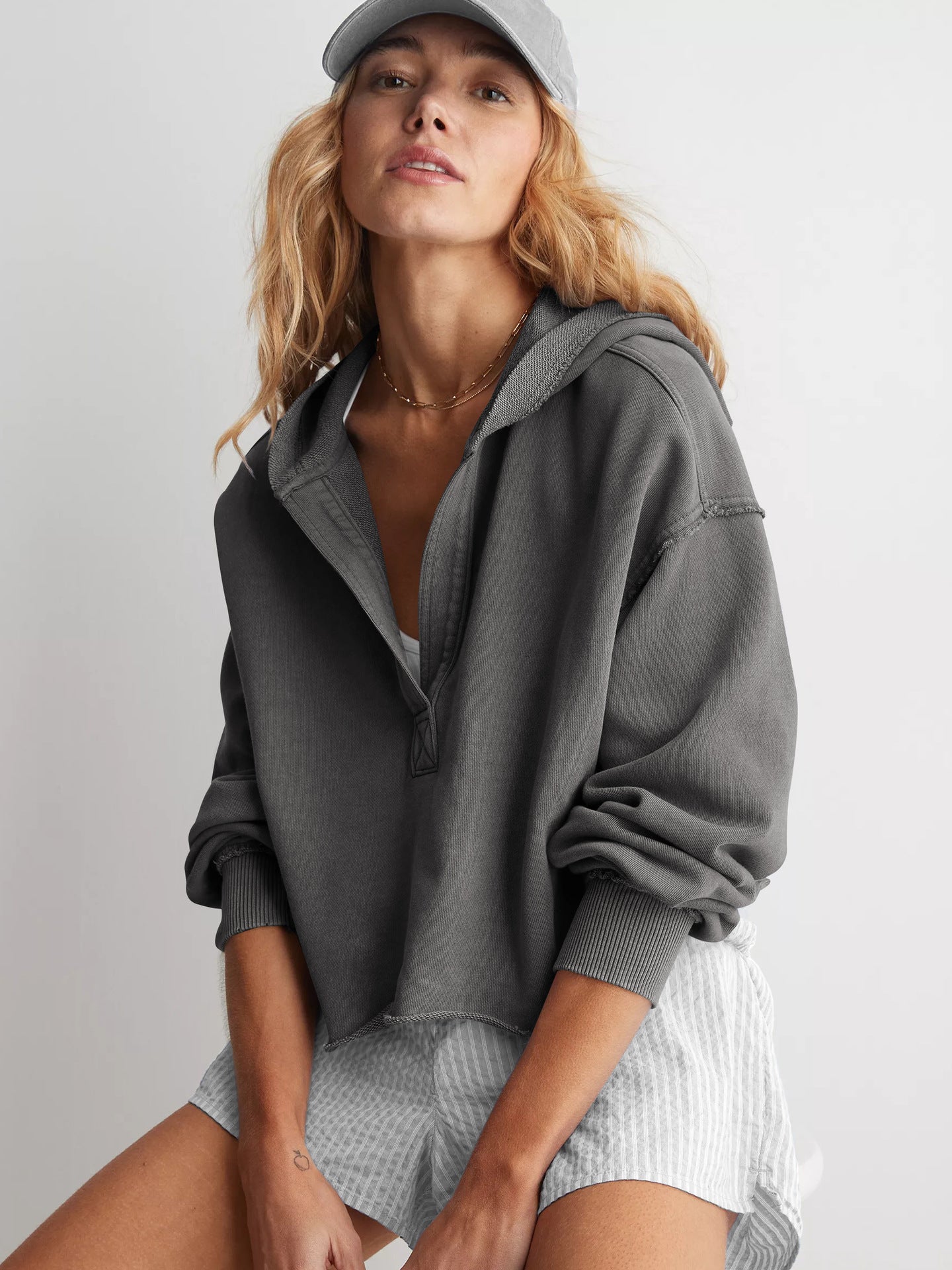 Hooded Half-Open Collar Solid Color Loose Sweatshirt
