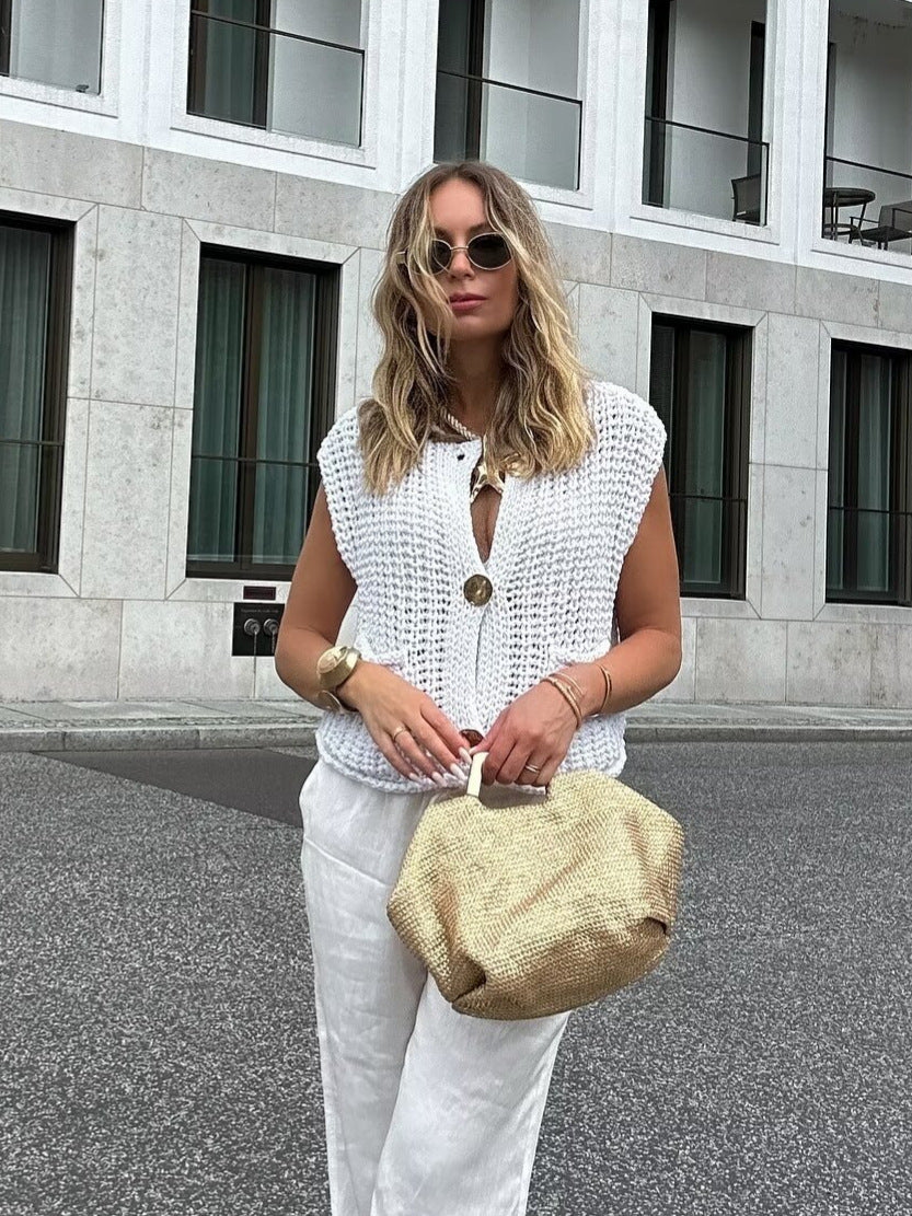 Spring autumn women's clothing pocket sleeveless short knitted cardigan Vest