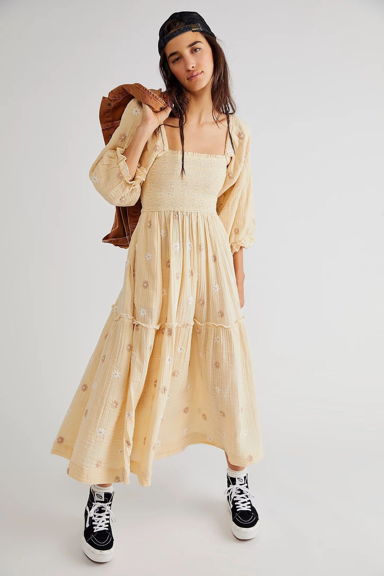 Trumpet sleeve embroidered square neck sunflower swing dress