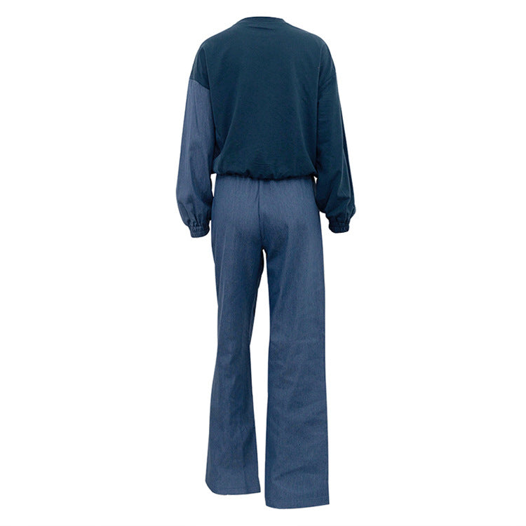Sporty style contrast color striped sweatshirt pullover top drawstring trousers two-piece set
