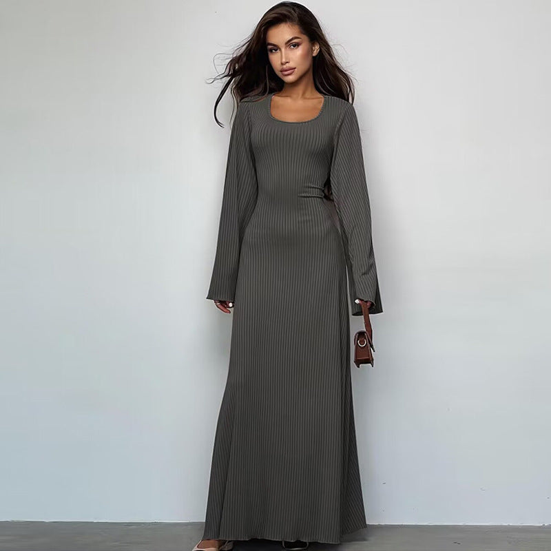 Arabic Loose U-neck Back Tie Long Sleeve Dress