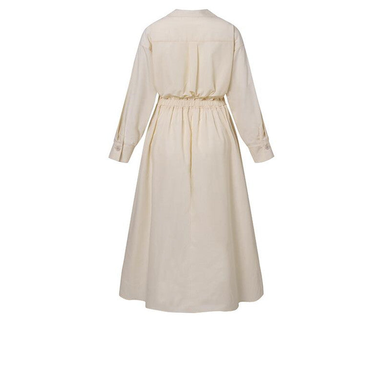 Commuter cotton and linen solid color lapel/POLO collar shirt sleeves elastic waist wide swing dress