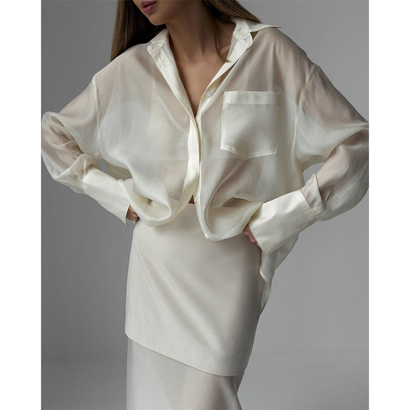 Mercerized mesh lapel long-sleeved shirt high waist stitching skirt two-piece suit