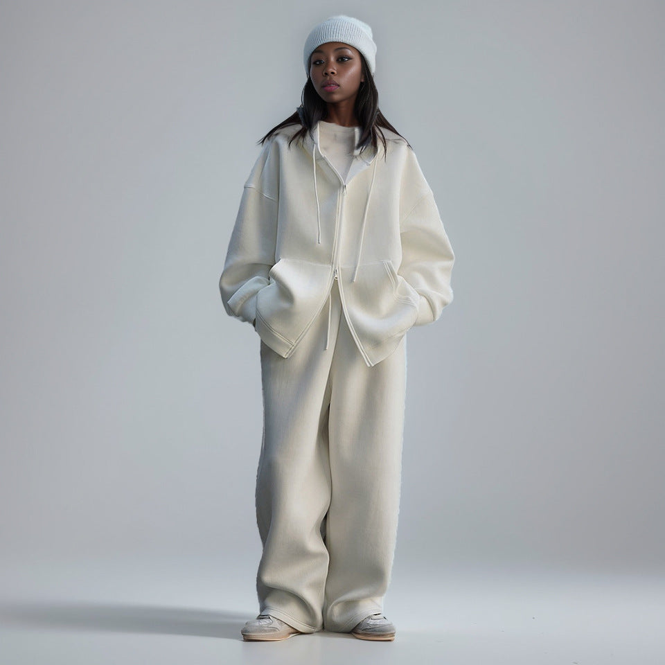 Profile air layer hooded sweatshirt pants casual zipper jacket + drawstring wide leg pants two-piece set