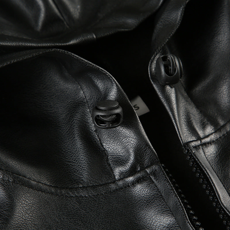 Solid color PU leather hooded long sleeve pleated short zipper loose street cardigan jacket