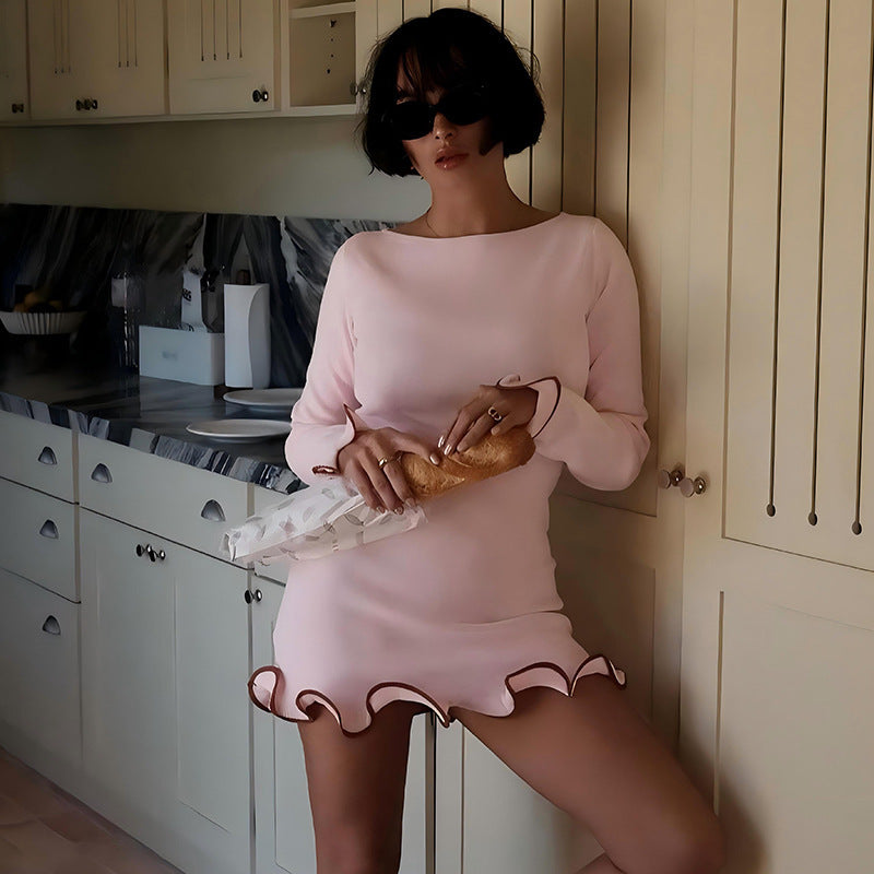 Solid color round neck long sleeve slim fit ruffle dress