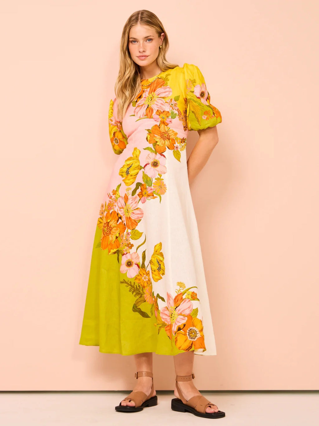 Printed puff sleeves elegant slim-fitting swing dress