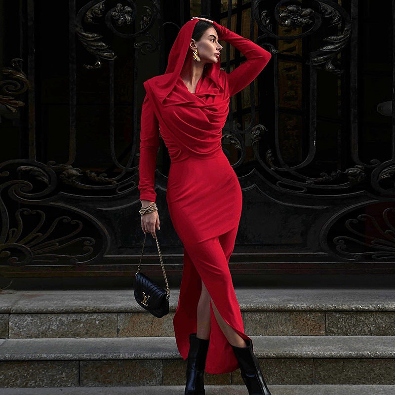 Solid Color Hooded Long Sleeve Side Slit Long Dress