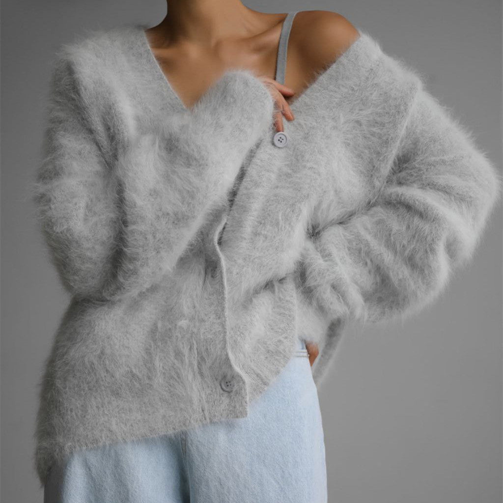 Spring autumn imitation mink cardigan women lazy style loose sweater coat soft long sleeve