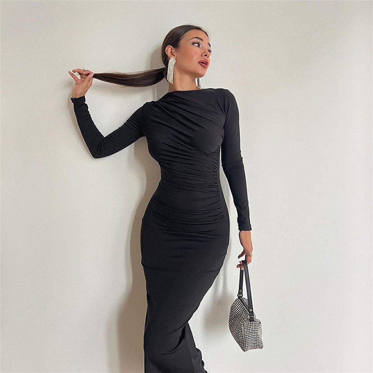 Slim fit high-end solid color temperament long hip dress