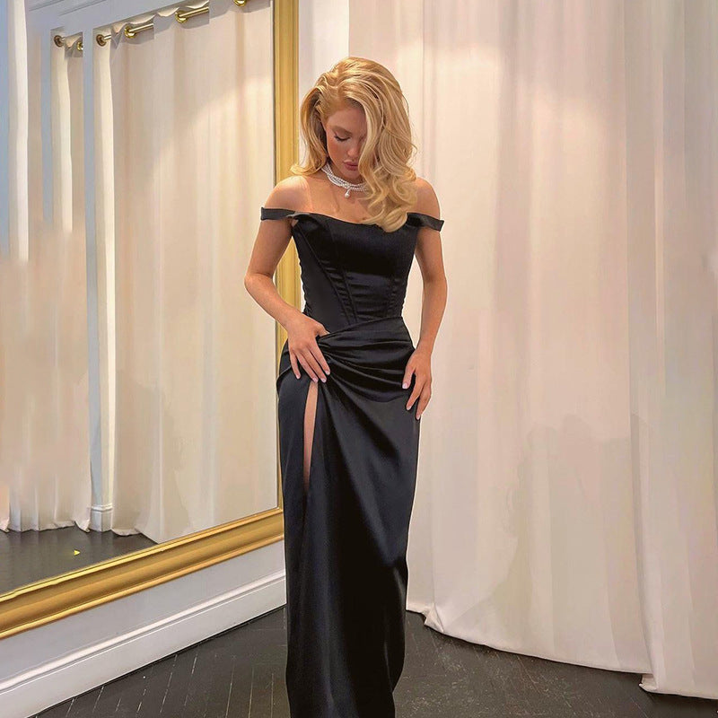 Celebrity style temperament waist twist slit satin long dress