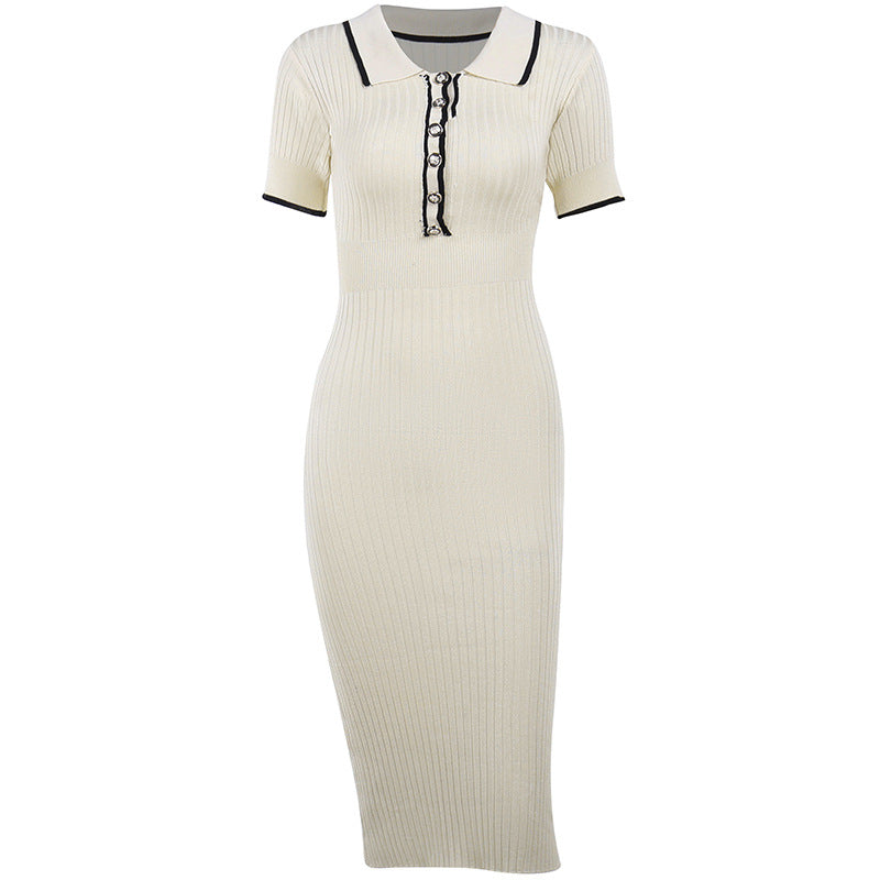 Elegant contrast lapel short-sleeved dress