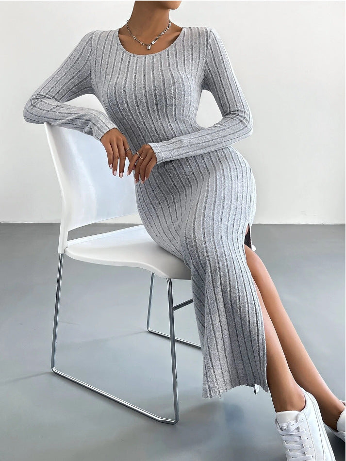 Long Sleeve Round Neck Slit Knit Long Dress