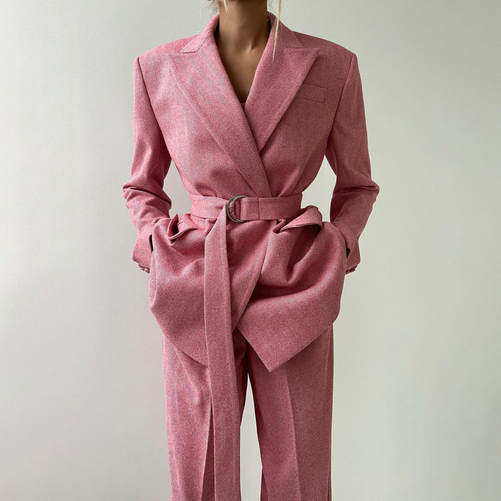 Solid color waisted fishbone straight shoulder suit three-piece suit simple and versatile commuting high waist trousers