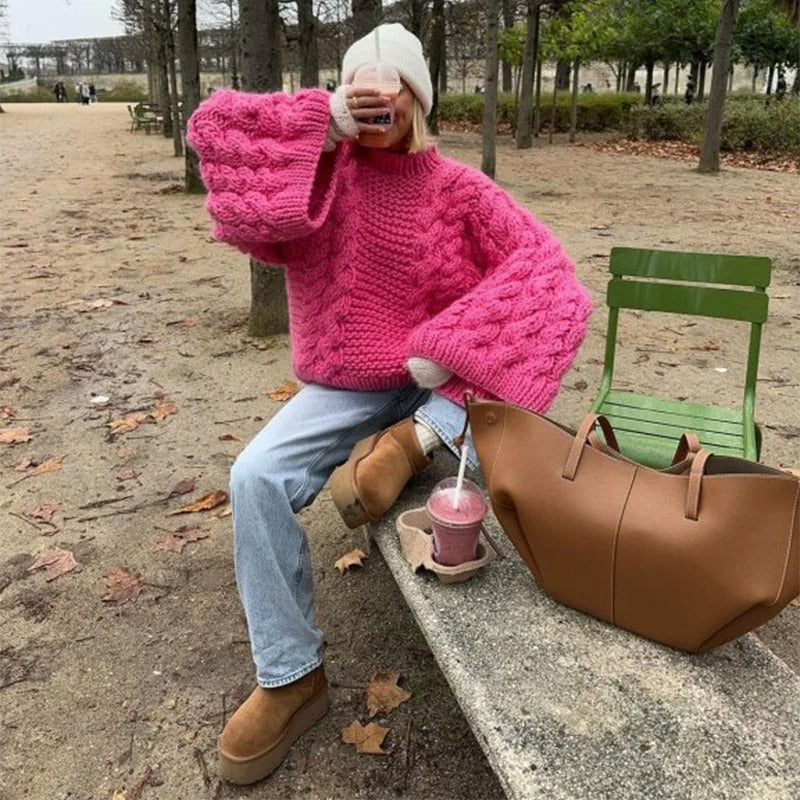 Loose Knit Cable Lantern Sleeve Sweater
