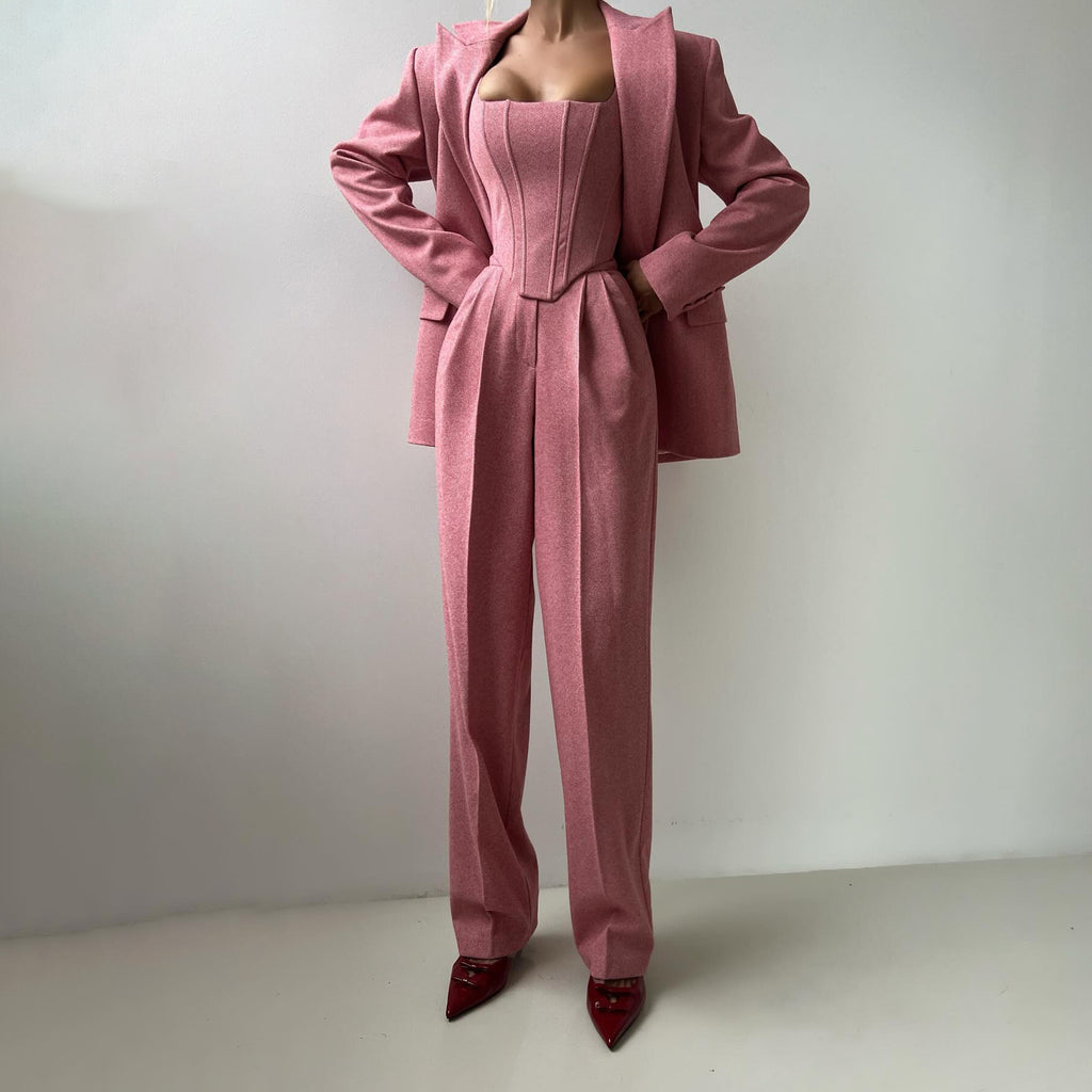 Solid color waisted fishbone straight shoulder suit three-piece suit simple and versatile commuting high waist trousers