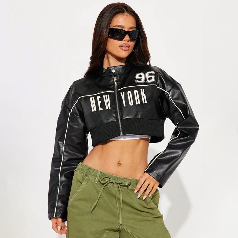 Motorcycle style leather jacket contrast color bud short PU leather jacket