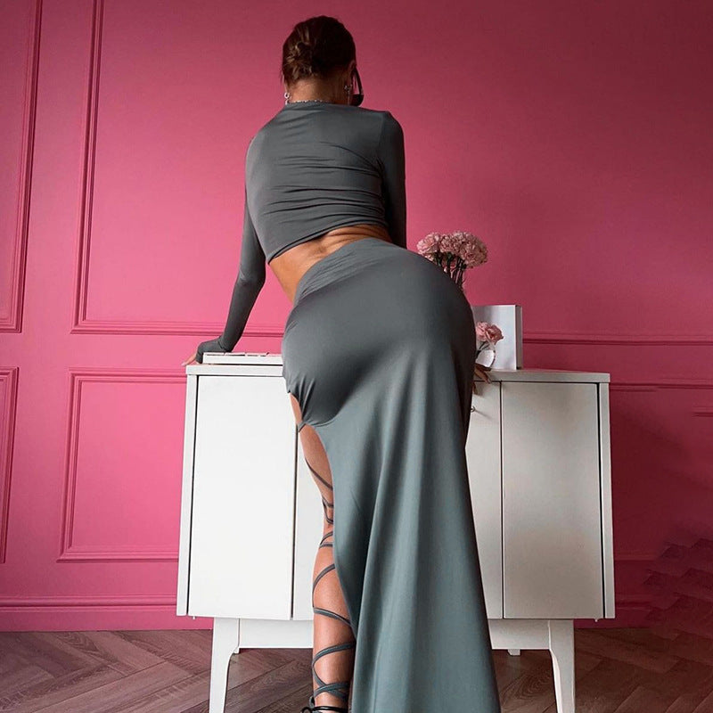 Solid Color Long Sleeve Round Neck Top Slim Fit Tie Skirt Set