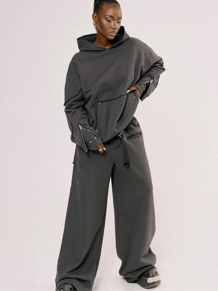 Sporty style zipper hooded sweatshirt suit straight wide-leg pants two-piece suit