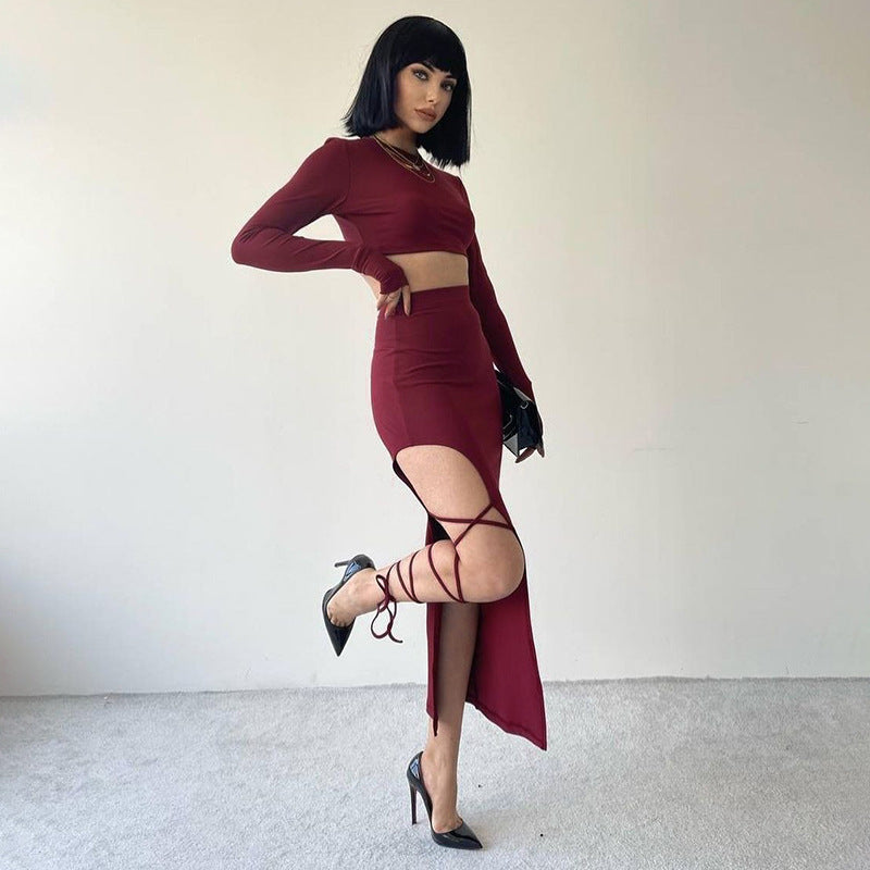 Solid Color Long Sleeve Round Neck Top Slim Fit Tie Skirt Set