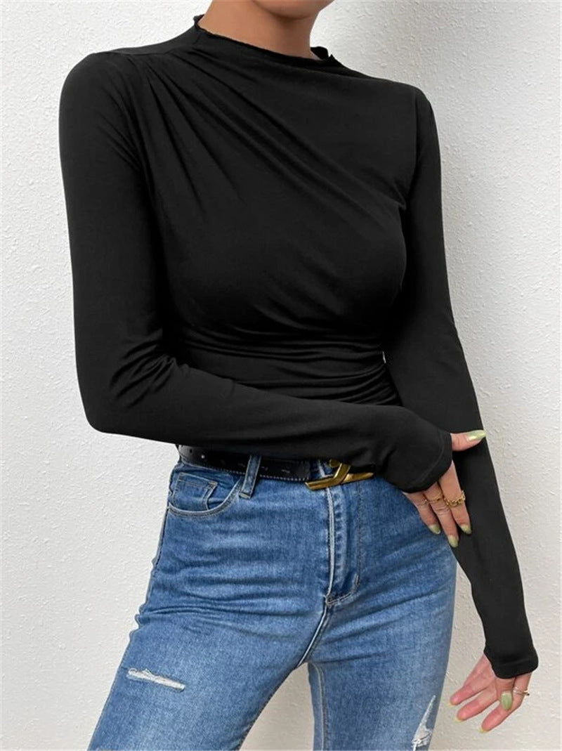 Solid color slim bottoming shirt versatile pleated long-sleeved T-shirt ladies tops