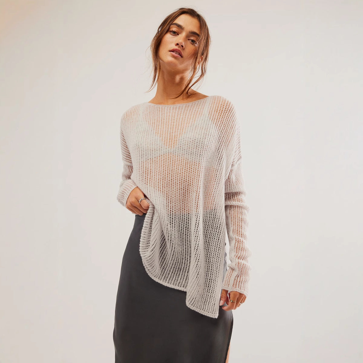 Solid Color Long Sleeve Knitted Holiday Bikini Beach Cover Up