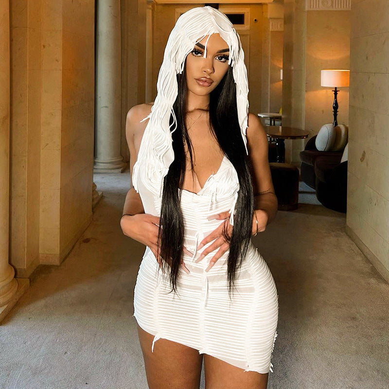 Solid Color Sleeveless Hooded Tassel Slim Short Dress