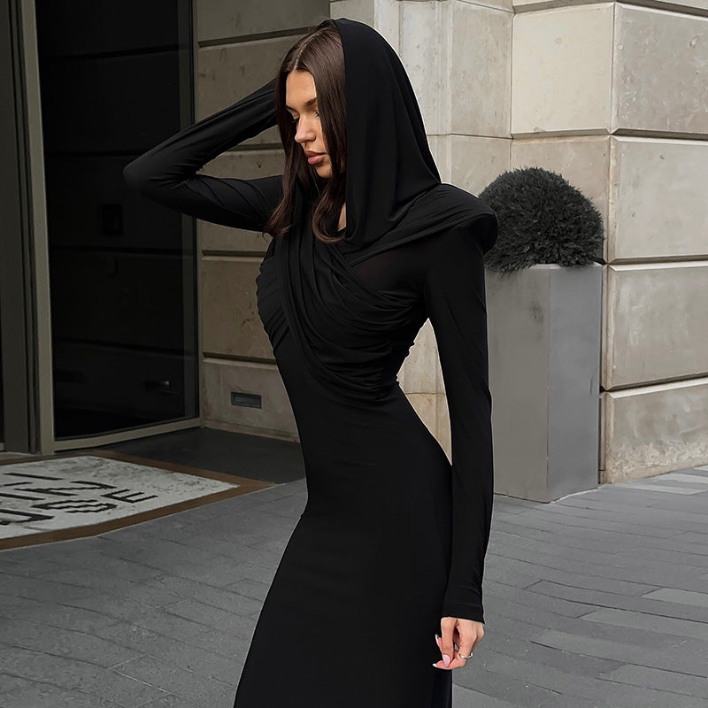Solid Color Hooded Long Sleeve Side Slit Long Dress