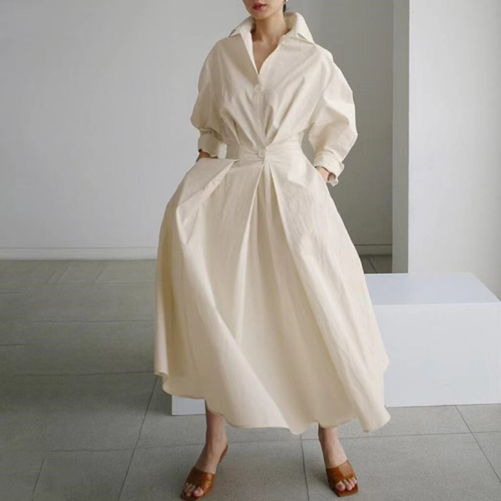 Commuter cotton and linen solid color lapel/POLO collar shirt sleeves elastic waist wide swing dress