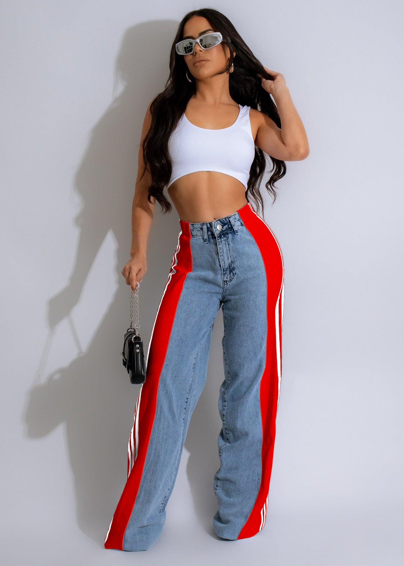Three-striped wide-leg denim trousers Casual high-waist stretch straight trousers