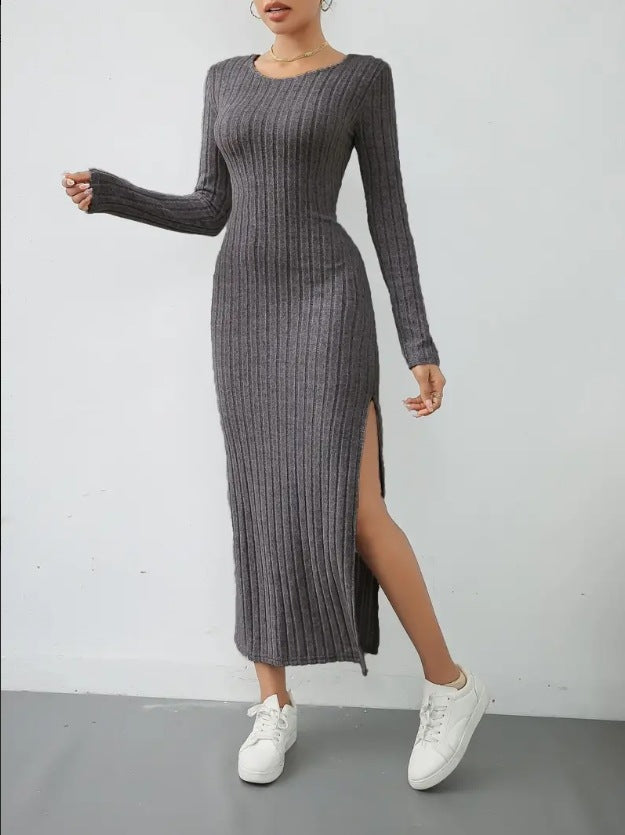 Long Sleeve Round Neck Slit Knit Long Dress