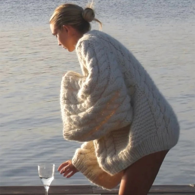 Loose Knit Cable Lantern Sleeve Sweater
