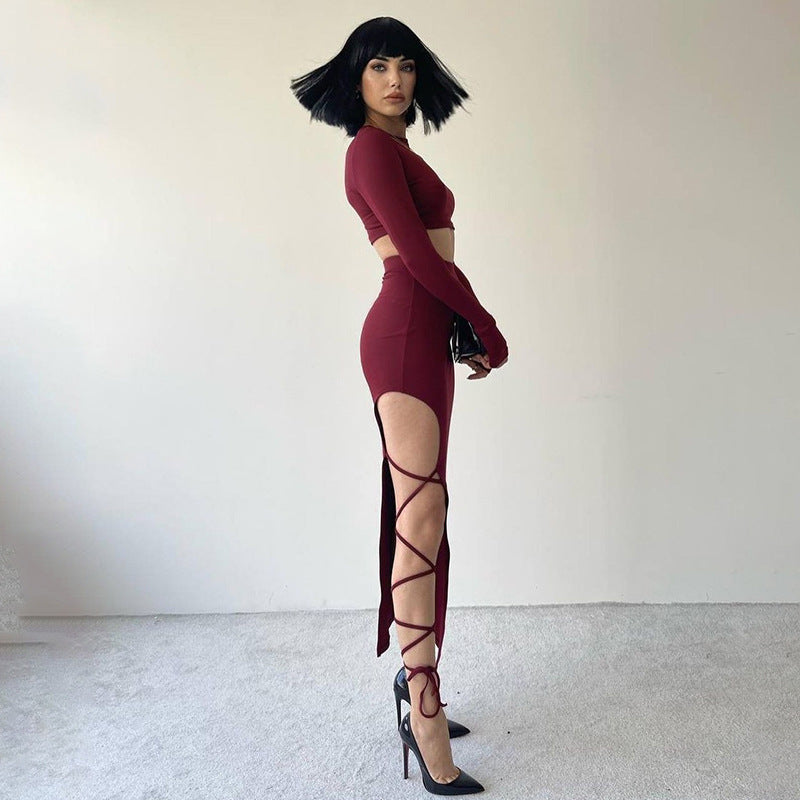 Solid Color Long Sleeve Round Neck Top Slim Fit Tie Skirt Set