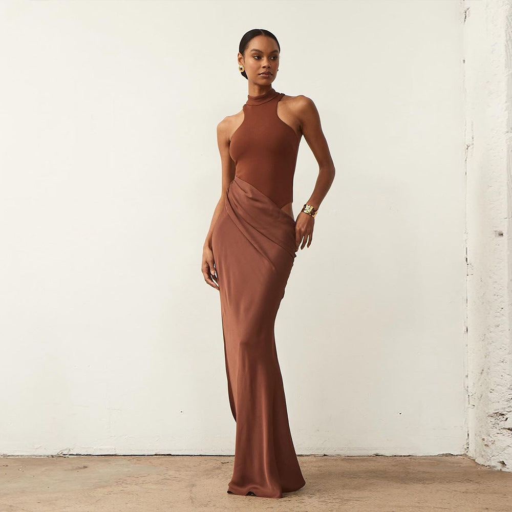 Round Neck Sleeveless Slim Fit Splicing Long Skirt Fashion Hollow Dress