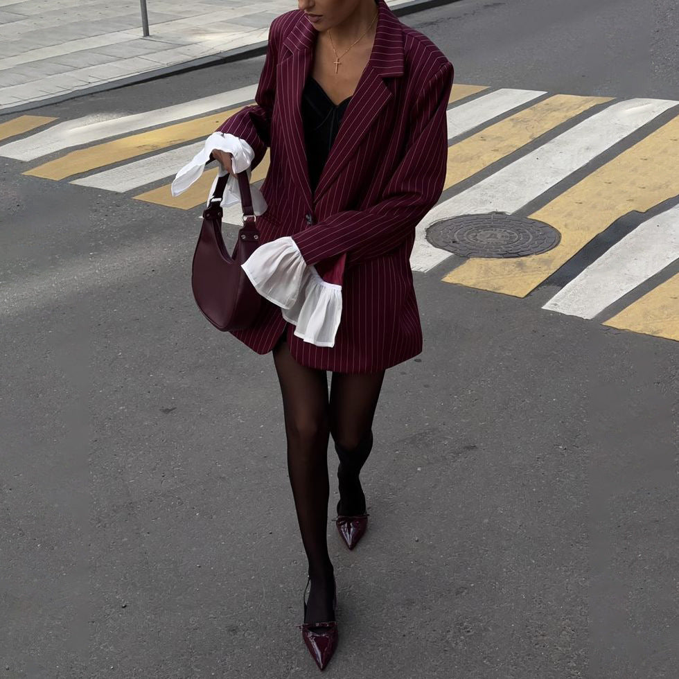 Retro style patchwork non-iron treatment striped small suit jacket