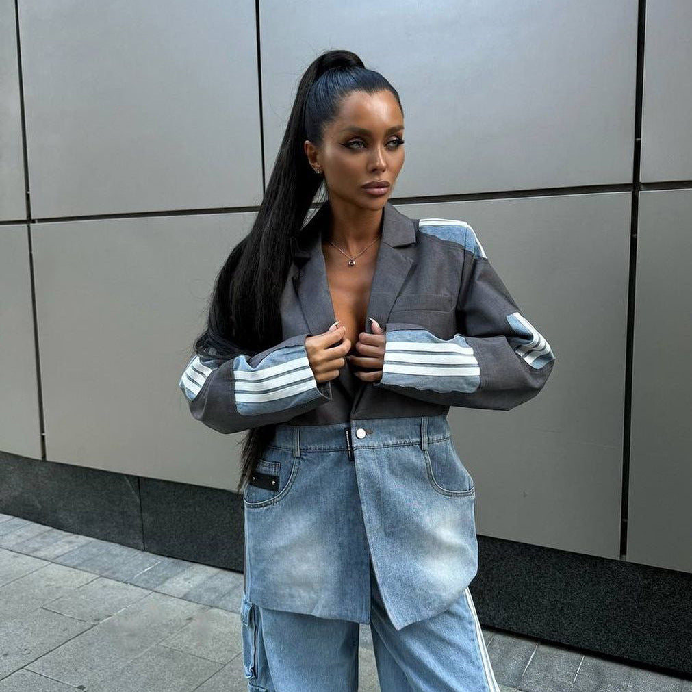 Street hip-hop style suit patchwork denim jacket