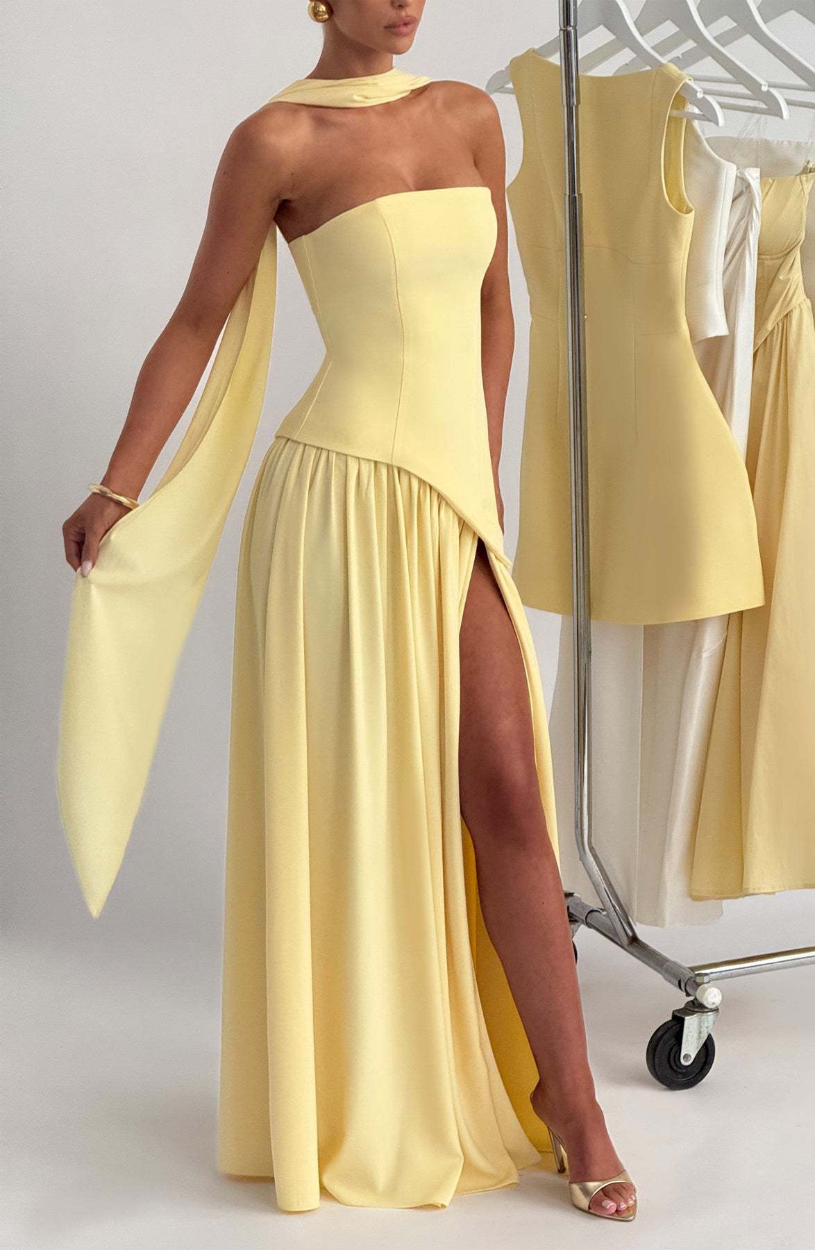 Tube Top Solid Color Slit Dress Fashion Sexy Backless High Slit Long Dress