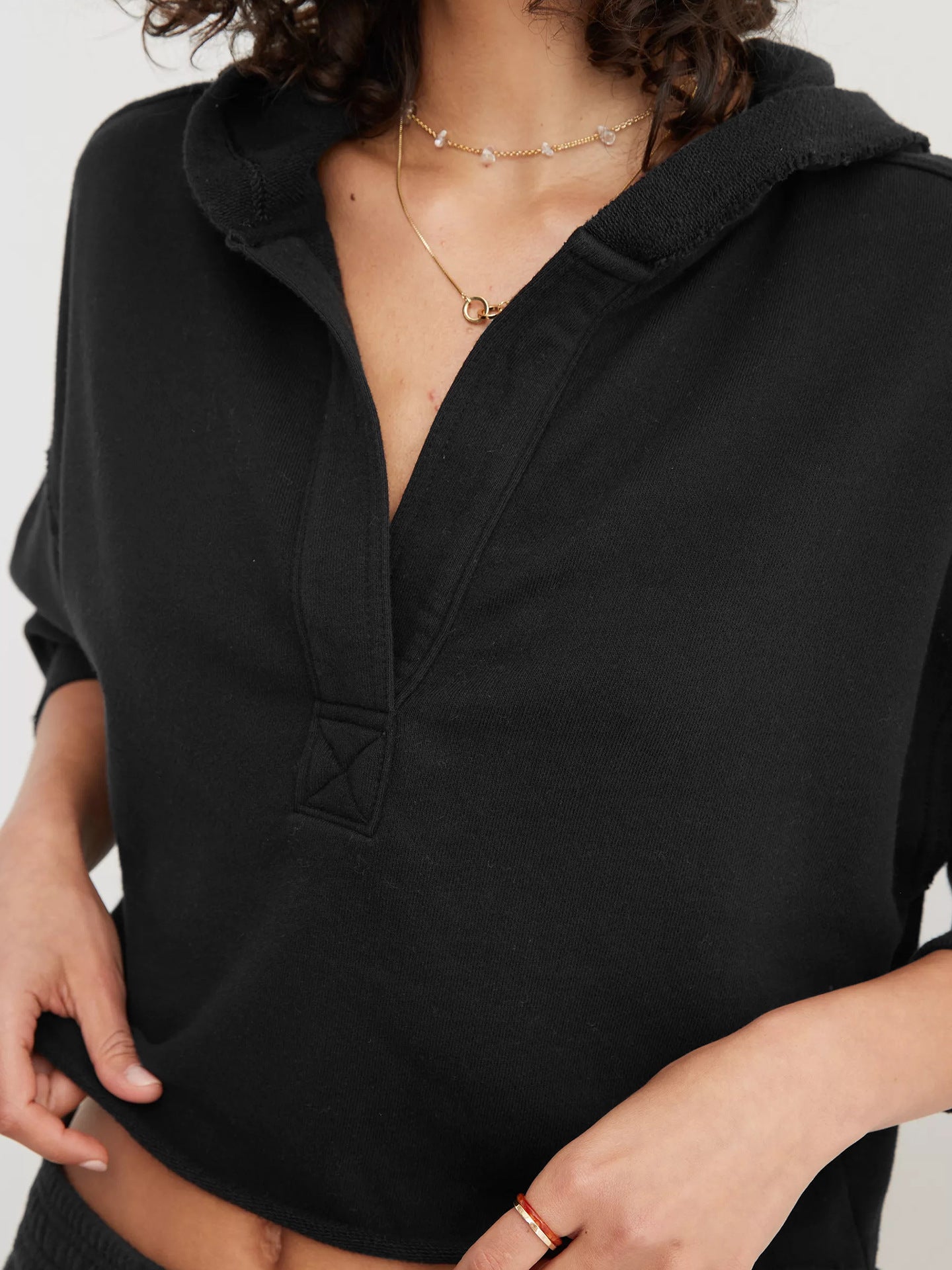 Hooded Half-Open Collar Solid Color Loose Sweatshirt