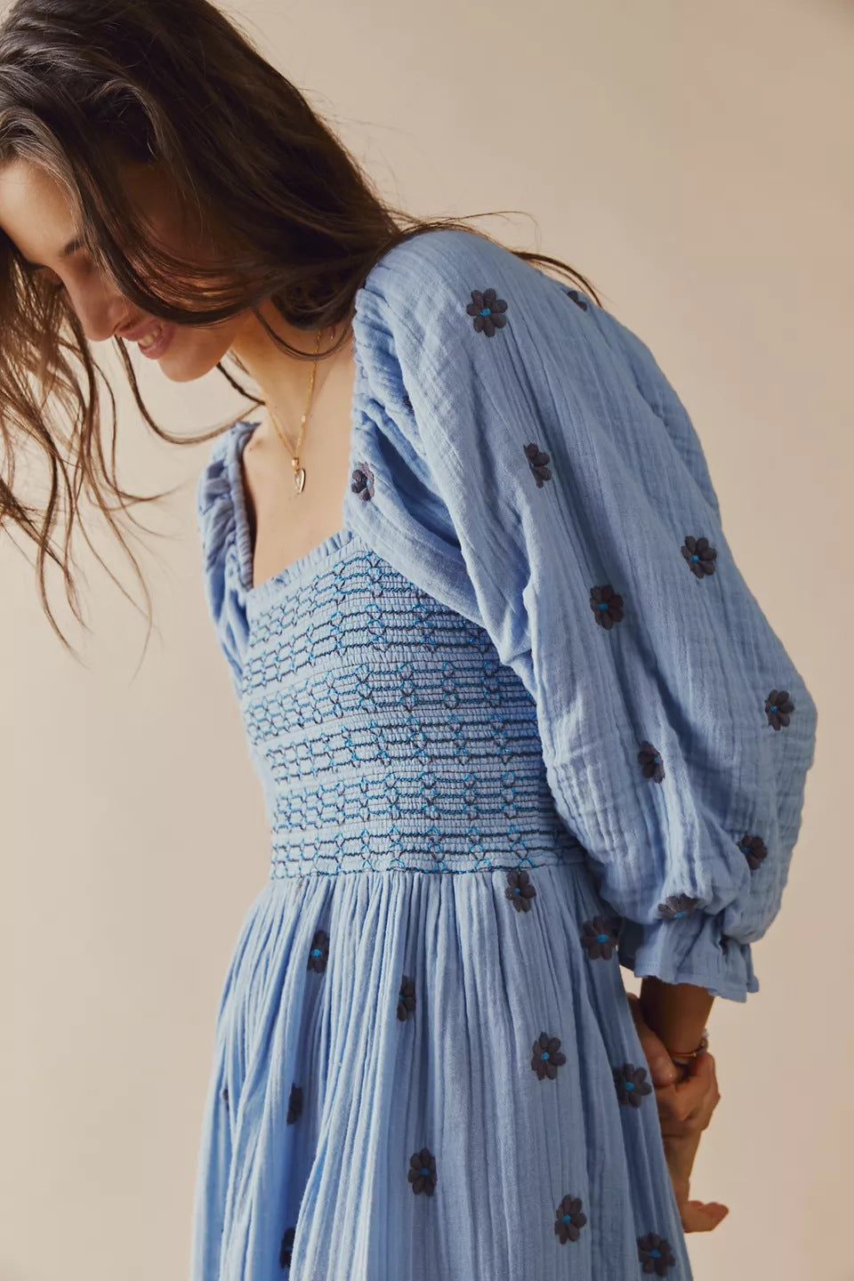 Trumpet sleeve embroidered square neck sunflower swing dress