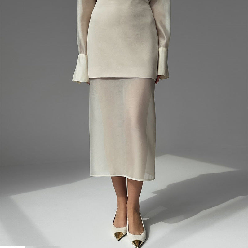 Mercerized mesh lapel long-sleeved shirt high waist stitching skirt two-piece suit