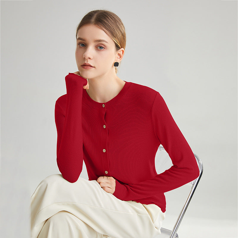 Commuter round neck straight shoulder single breasted top