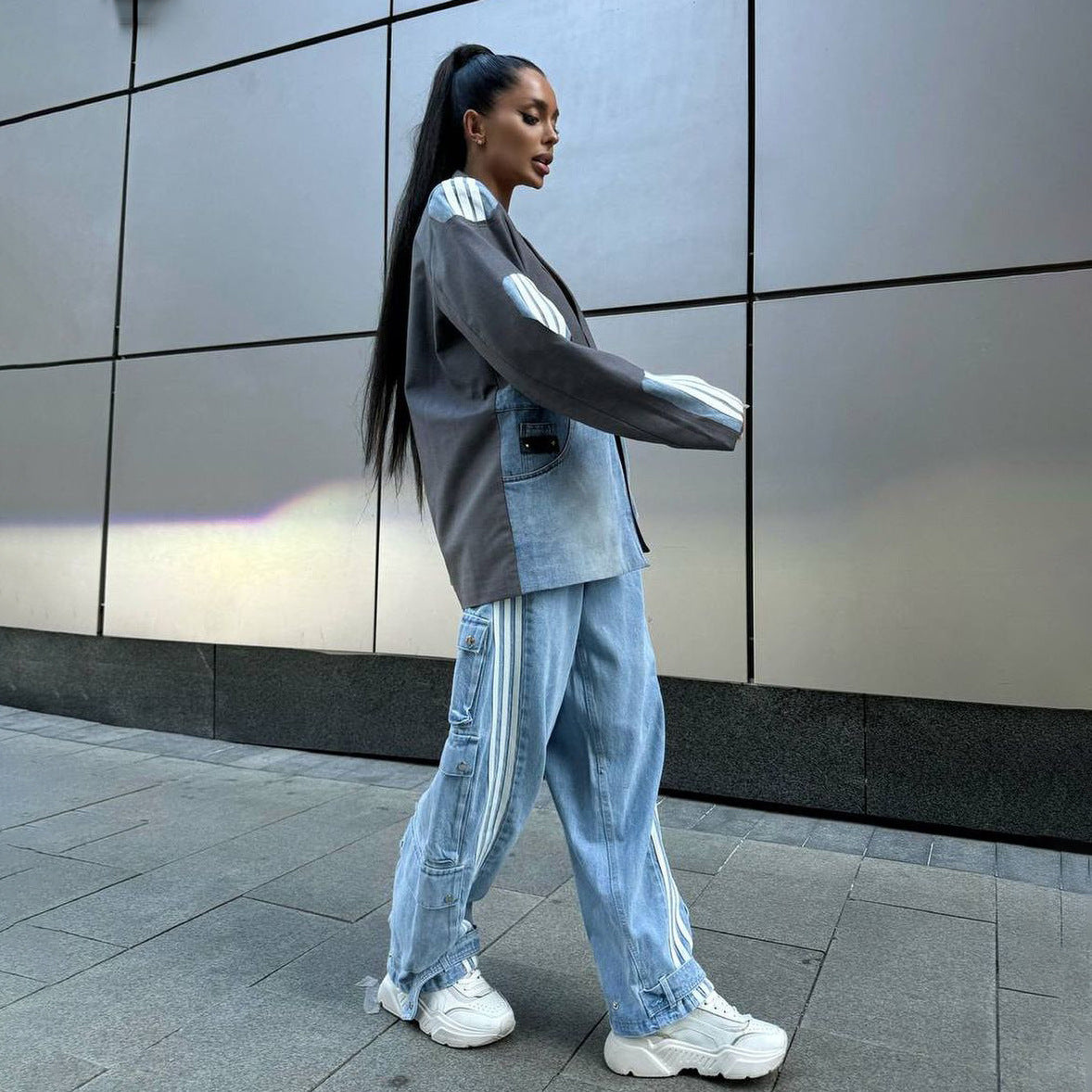 Street hip-hop style suit patchwork denim jacket