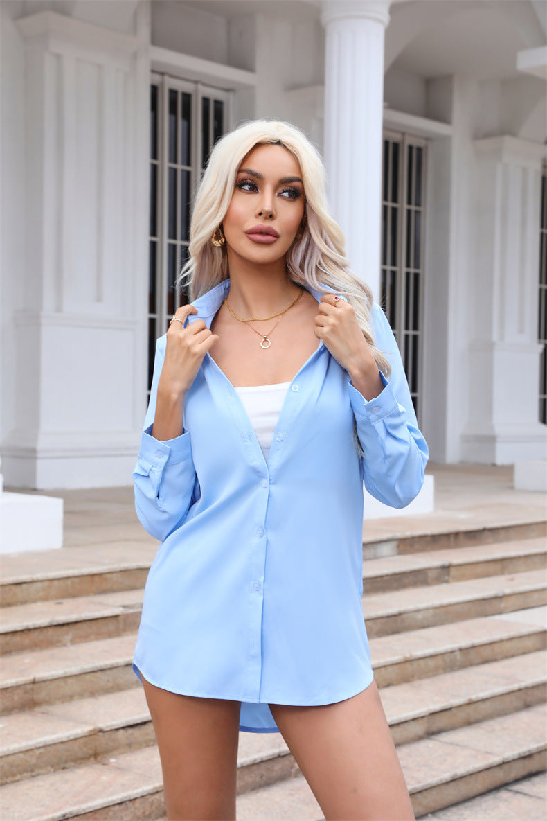 White shirt women's medium length bf style loose long sleeve chiffon shirt